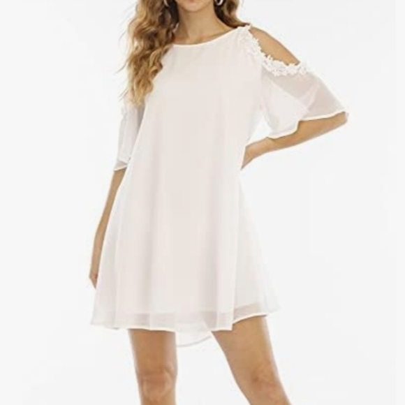 Roiii Bright White Chiffon Cold Shoulder Dress with Embroidered Trim Size 2XL - Picture 2 of 11